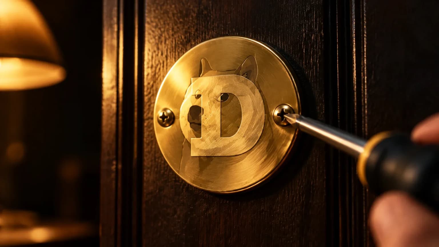 Ein Schraubendreher löst ein poliertes Messing-Türschild mit dem Dogecoin-Zeichen von einer dunklen Holztür, warmes Lampenlicht von links