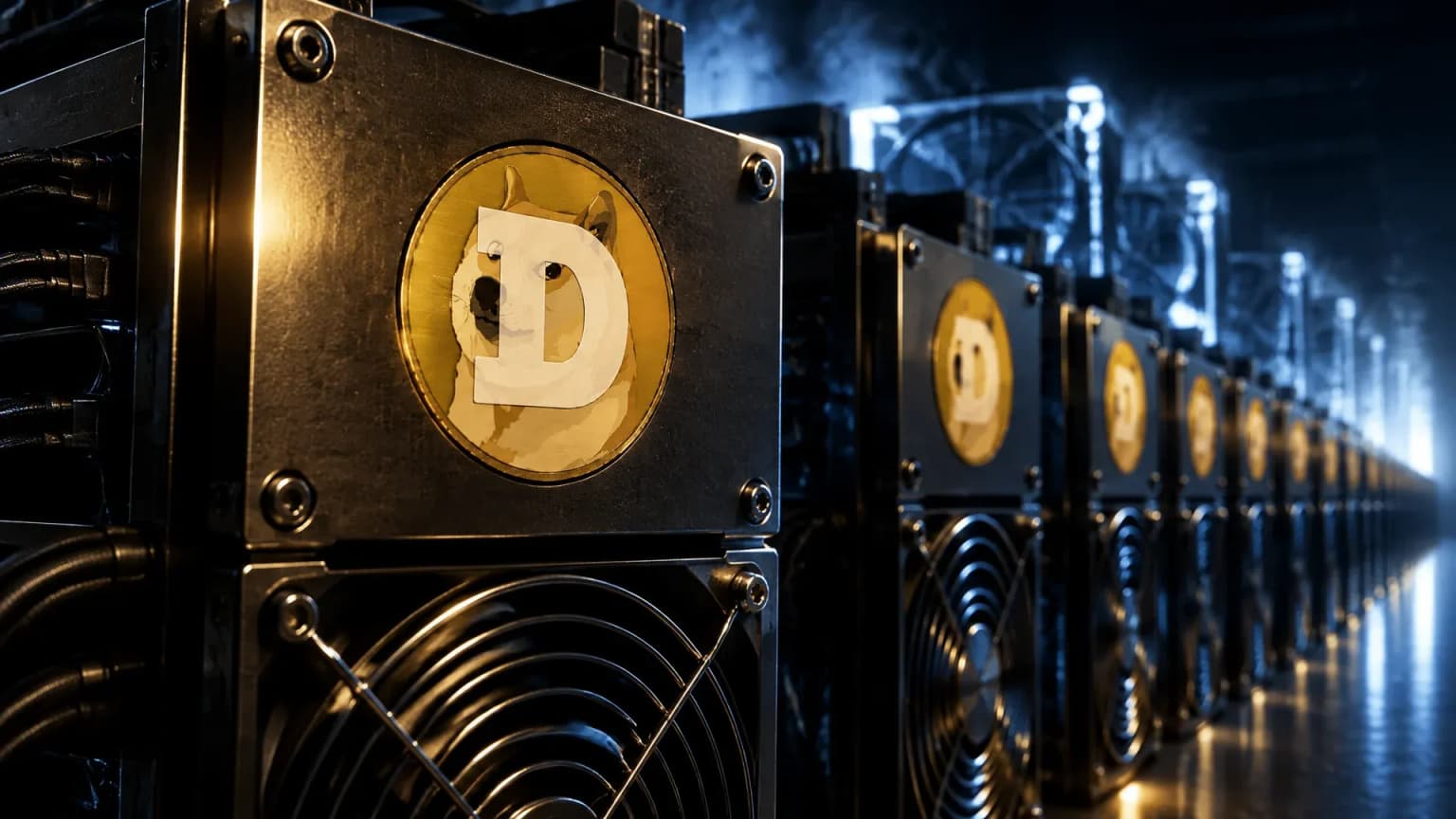 Lange Reihen von Rechengestellen in einer nächtlichen Rechenhalle, in die Stirnplatte des vordersten Gestells ist das Dogecoin-Zeichen als Messingintarsie eingelassen