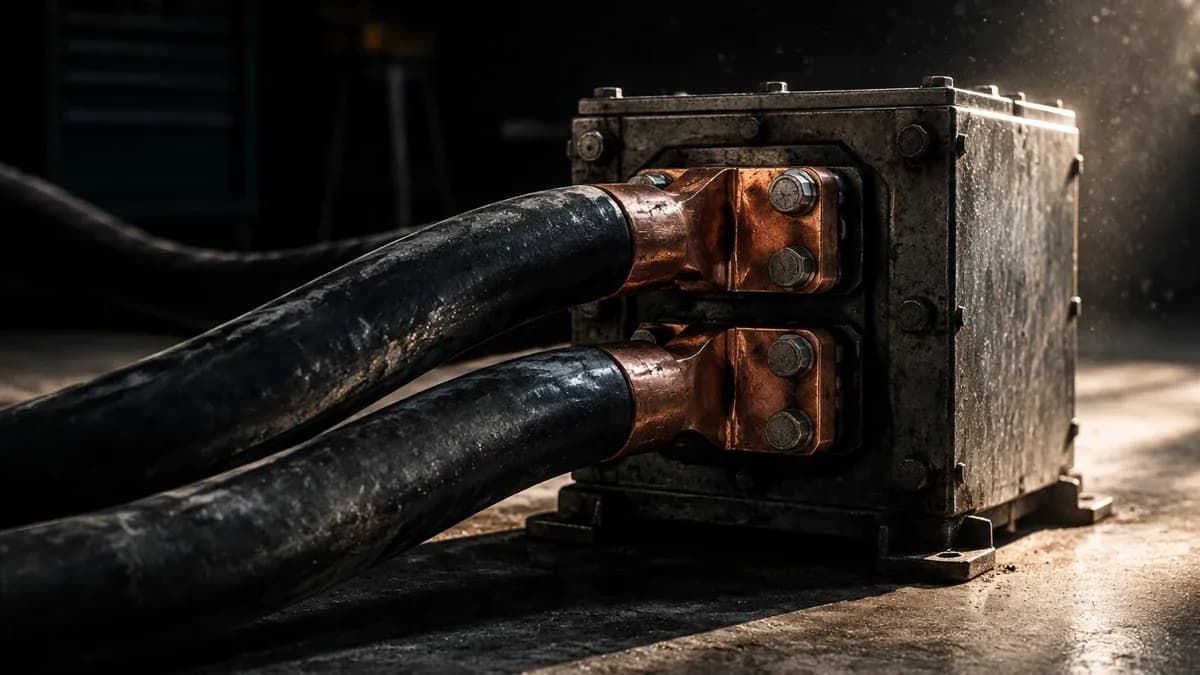 Zwei schwere Starkstromkabel laufen aus dem Dunkel zusammen in einen einzigen massiven Metall-Verteilerkasten mit Kupferklemmen