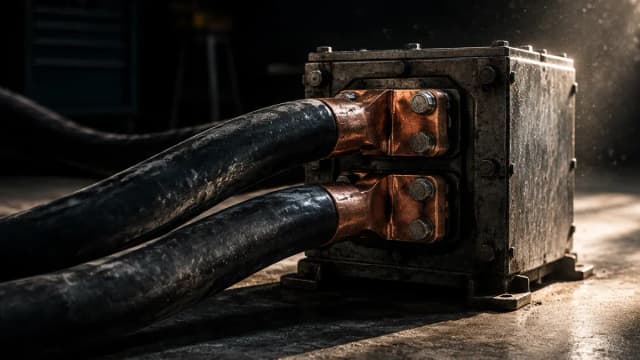 Zwei schwere Starkstromkabel laufen aus dem Dunkel zusammen in einen einzigen massiven Metall-Verteilerkasten mit Kupferklemmen