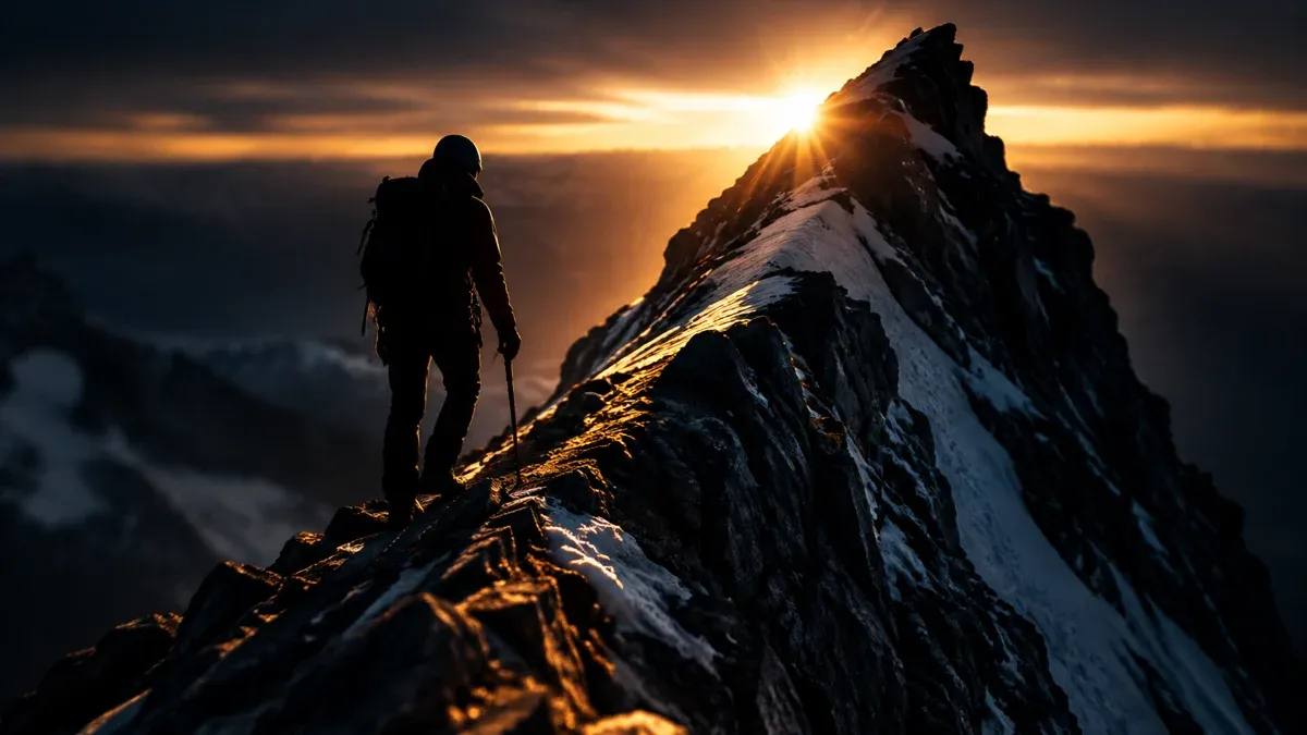 Bergsteiger als Silhouette kurz unter einem scharfen Gebirgsgrat, dahinter bricht das erste Sonnenlicht durch