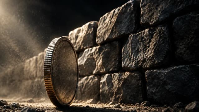 Physische Metallmuenze senkrecht vor einer massiven geschlossenen Steinmauer, Staub in der Luft