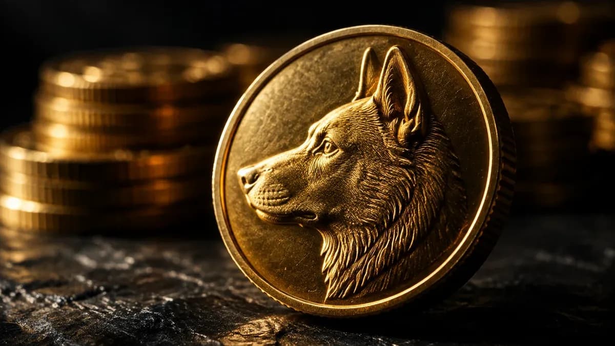 Schwere Goldmuenze mit eingepraegtem Hundekopf im Profil, makro im Seitenlicht auf dunkler Steinplatte