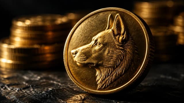 Schwere Goldmuenze mit eingepraegtem Hundekopf im Profil, makro im Seitenlicht auf dunkler Steinplatte