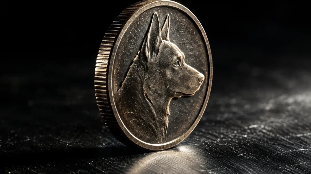 Makroaufnahme einer aufrecht stehenden Metallmünze mit eingeprägtem Hundekopf-Profil auf dunkler gebürsteter Metallfläche