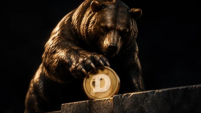 Bronzener Bär drückt bei Nacht eine schwere Metallmünze mit dem Dogecoin-Zeichen auf die Kante einer Steinstufe