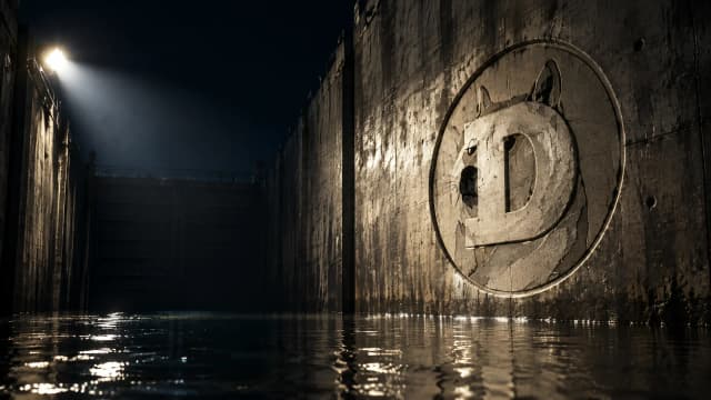 Eine weite Betonschleusenkammer bei Nacht mit nur knoecheltiefem Wasser, in der rechten Betonwand das Dogecoin-Zeichen als tiefe Gravur, ein Scheinwerfer von links