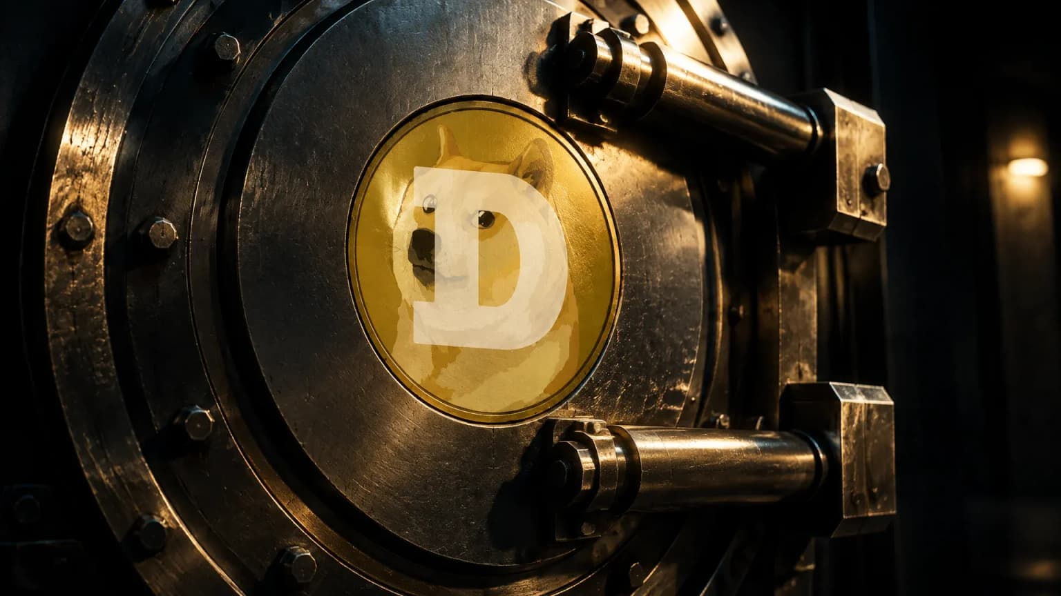 Massive steel door of a custody vault with the Dogecoin symbol as a gold inlay