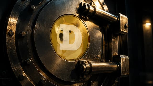 Massive Stahltür eines Verwahrraums mit dem Dogecoin-Zeichen als goldene Intarsie