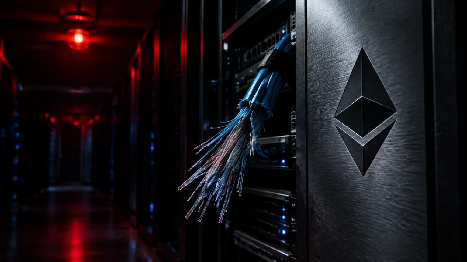 Dark server room with a red warning light, a severed bundle of fibre-optic cable hanging out of an open rack, beside it the Ethereum symbol engraved in a brushed steel panel