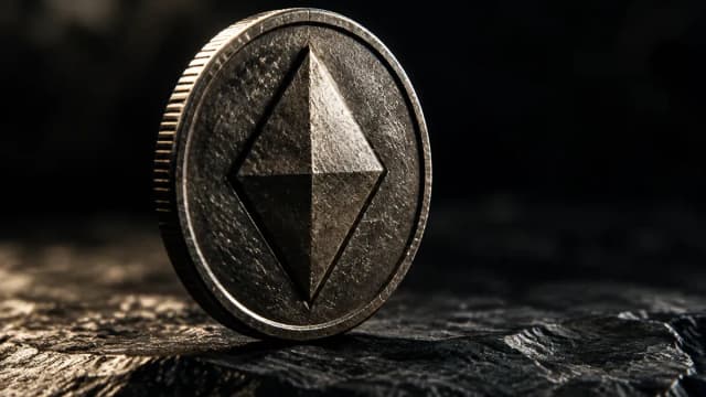 Schwere Metallmuenze mit tief eingepraegtem rautenfoermigem Symbol, aufrecht auf dunkler Steinplatte