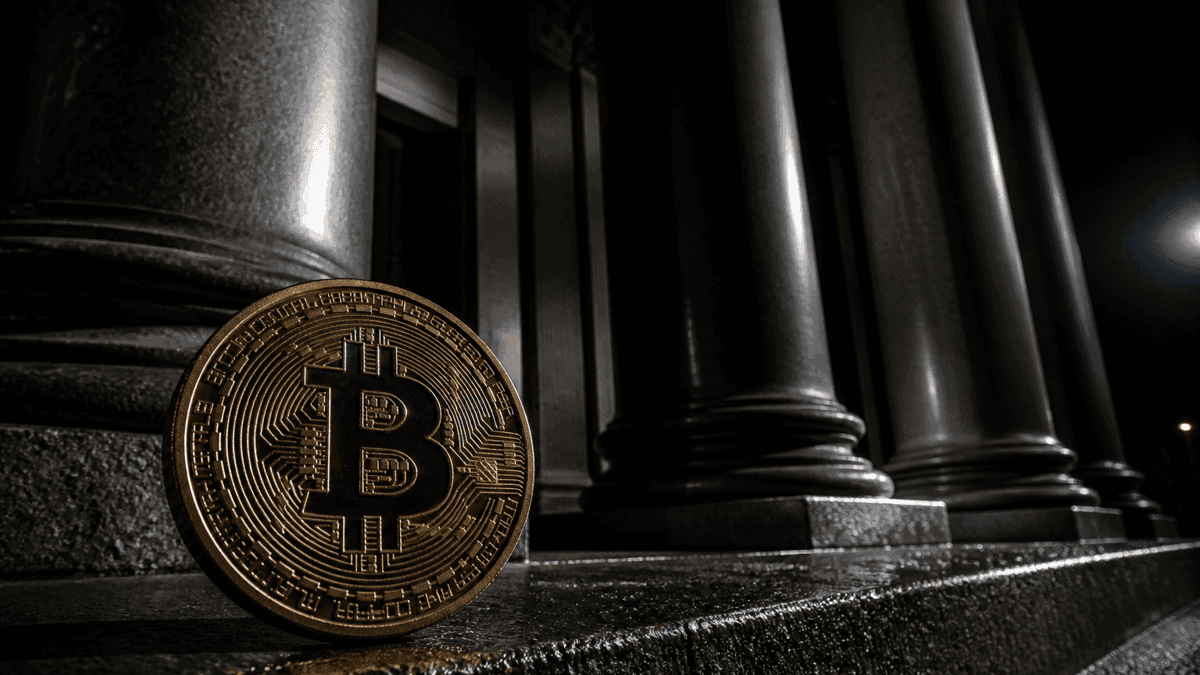 Goldene Muenze mit eingepraegtem Bitcoin-Zeichen auf der nassen Granitstufe vor dem naechtlichen Saeulenportal eines klassizistischen Behoerdengebaeudes