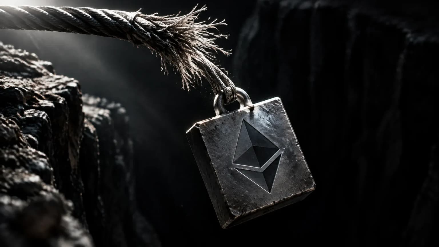 Gerissenes Stahlseil über einer nachtschwarzen Schlucht, am abgerissenen Ende kippt eine schwere Metallplatte mit dem Ethereum-Zeichen in die Tiefe