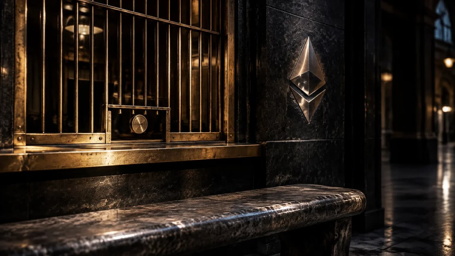 Vergitterter Messingschalter einer geschlossenen Wechselstube bei Nacht, in der Steinrueckwand dahinter das Ethereum-Zeichen als polierte Metallintarsie