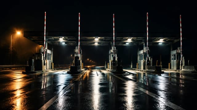 Verlassene Mautstelle einer Autobahn bei Nacht, alle Schlagbaeume stehen senkrecht offen, nasser Asphalt spiegelt die Leuchten, kein Fahrzeug weit und breit