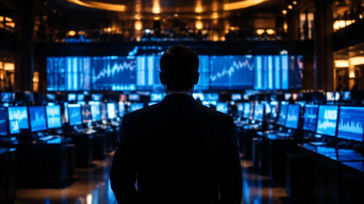 Dark trading floor at night, a silhouette seen from behind in front of a wall of glowing screens