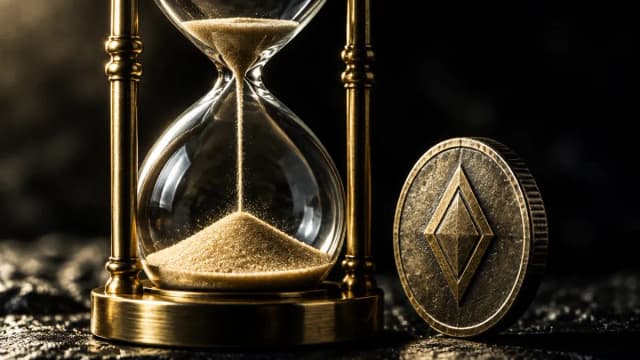 Messing-Sanduhr mit fast durchgelaufenem Sand, daneben eine Metallmuenze mit eingepraegtem rautenfoermigem Symbol auf dunklem Stein