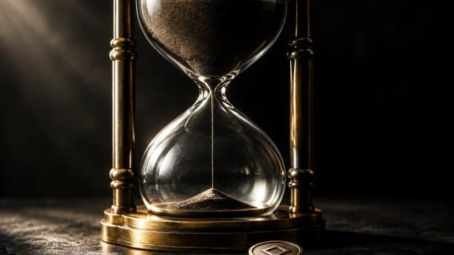 Grosse Sanduhr aus Messing und Glas, der obere Trichter noch fast voll, ein duenner Sandfaden rinnt nach unten, am Fuss eine Metallscheibe mit rautenfoermigem Symbol