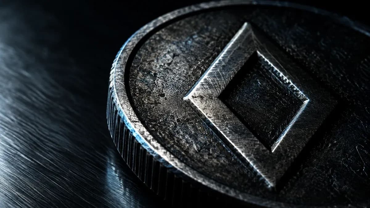 Makroaufnahme einer schweren Metallmünze mit tief eingeprägtem rautenförmigem Symbol auf dunklem Stahl