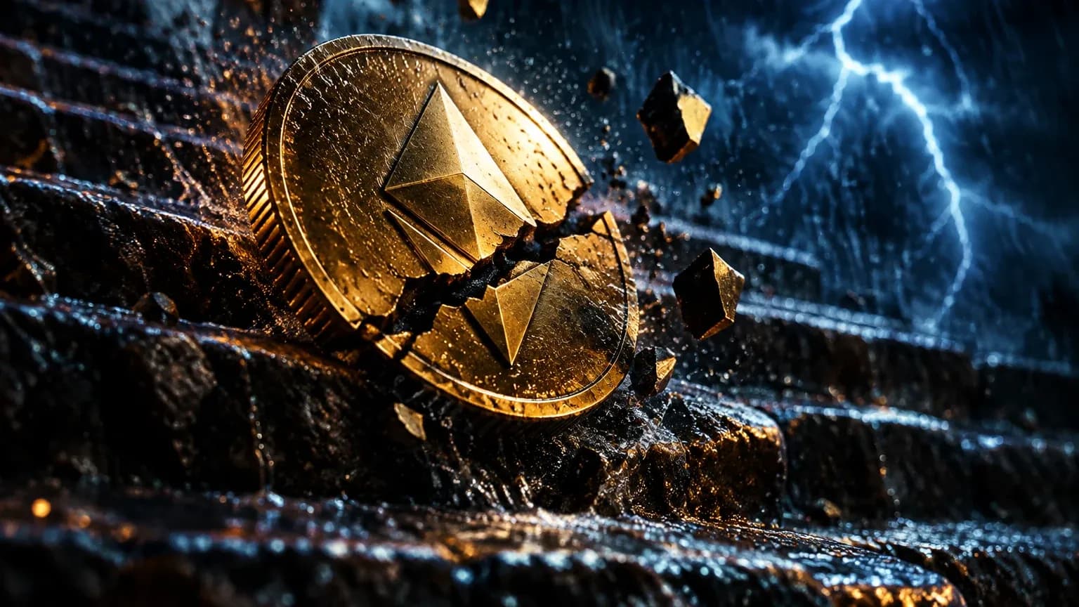 A cracked gold Ethereum coin tumbling down wet stone steps in a thunderstorm