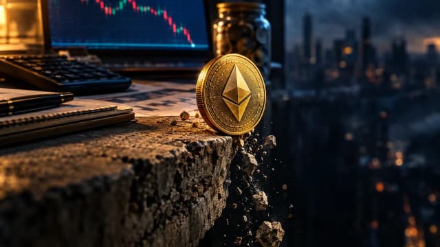 Gold Ethereum coin on the edge of a crumbling concrete ledge above a dark drop