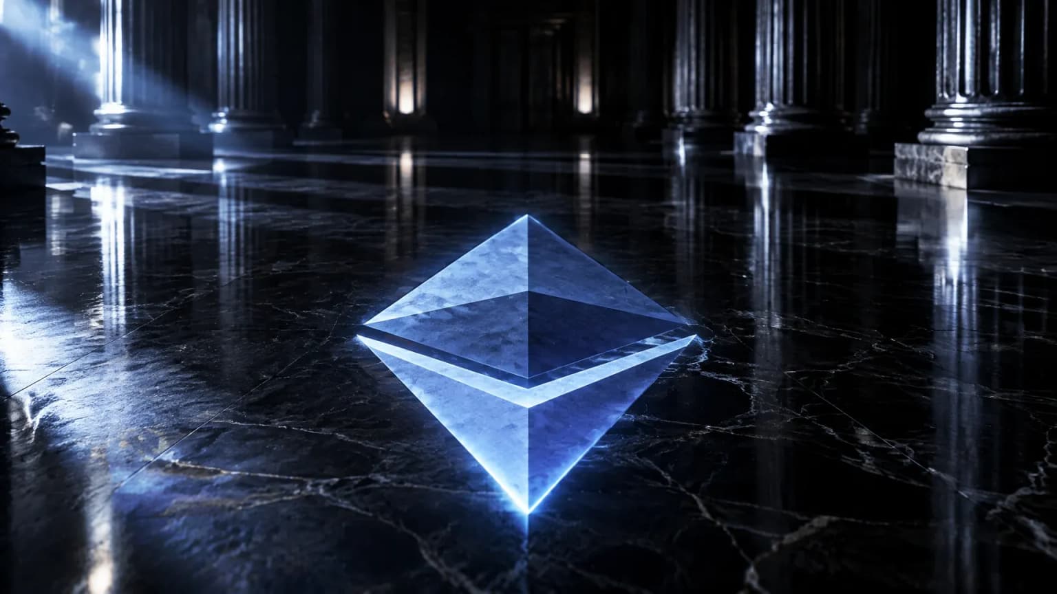 Leuchtendes Ethereum-Zeichen als Intarsie im dunklen Steinboden einer nächtlichen Säulenhalle