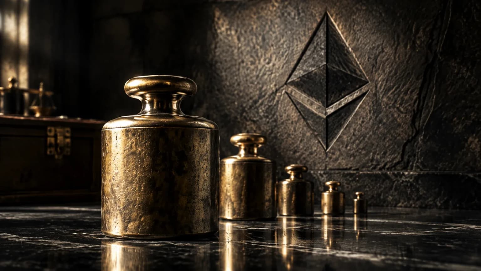 A set of heavy brass weights on a dark stone slab, with the Ethereum symbol cut deep into the back wall as an engraving