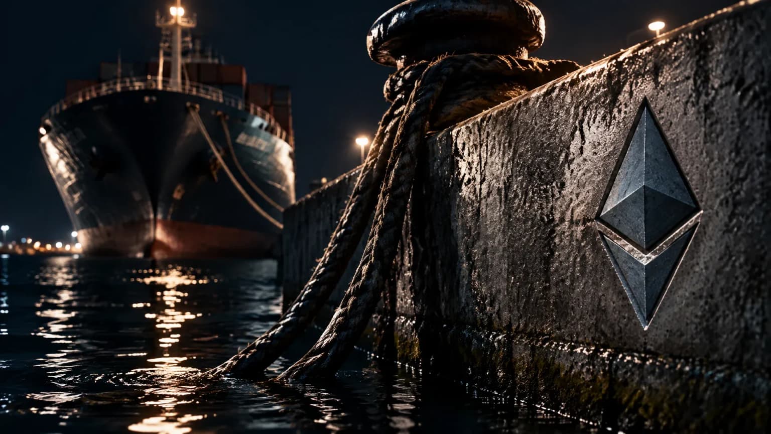 Nachts liegt ein Frachtschiff an einer Kaimauer, die Festmachertrosse hängt lose ins Wasser, in der Betonwand das Ethereum-Zeichen als Relief.