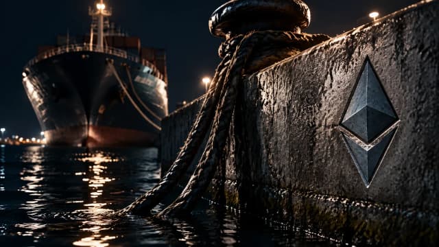 Nachts liegt ein Frachtschiff an einer Kaimauer, die Festmachertrosse hängt lose ins Wasser, in der Betonwand das Ethereum-Zeichen als Relief.