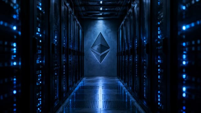 Langer Gang zwischen zwei Reihen dunkler Serverschränke in einem Rechenzentrum bei Nacht, am Ende des Gangs ist das Ethereum-Zeichen als tiefe Gravur in die Betonstirnwand eingeschnitten