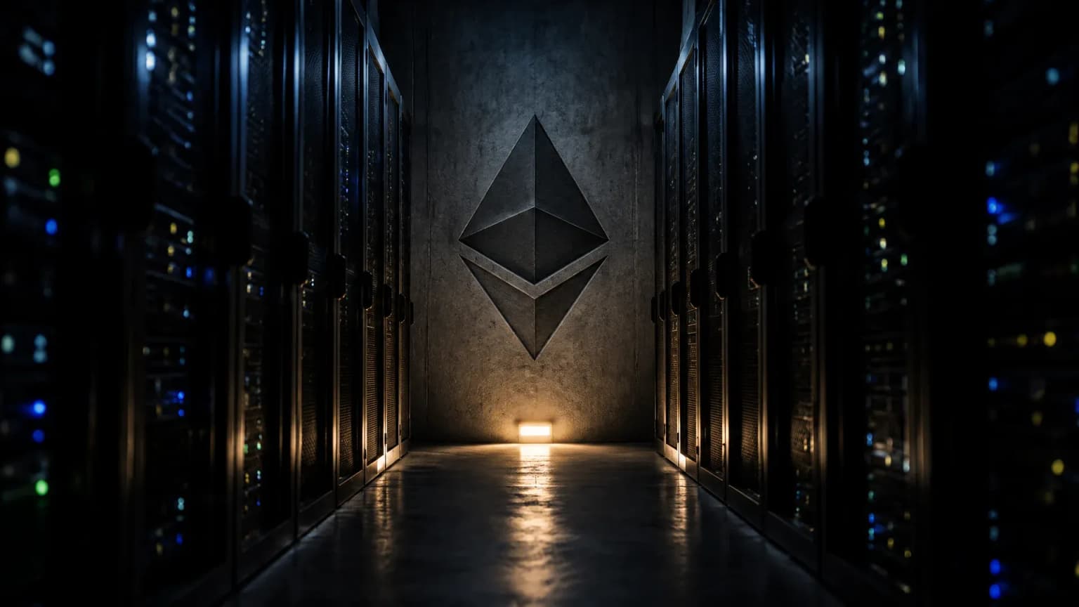Long aisle between two rows of dark server racks in a data centre at night, the Ethereum symbol cut deep into the concrete end wall at the far end of the aisle