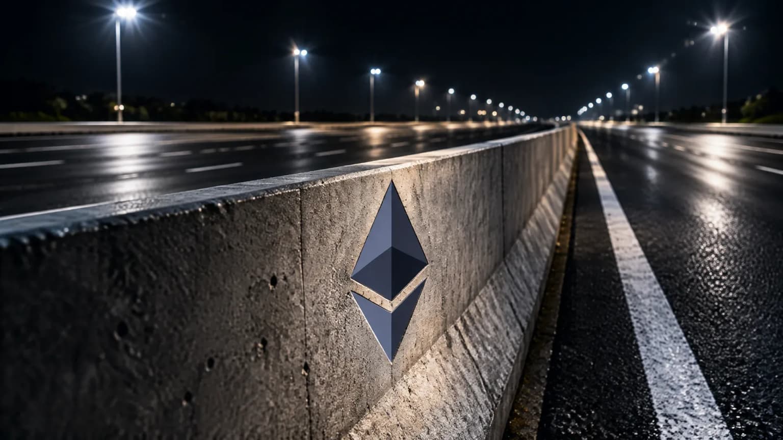 Menschenleere mehrspurige Schnellstraße bei Nacht unter Lichtmasten, in die Betonmittelwand ist das Ethereum-Zeichen eingelassen
