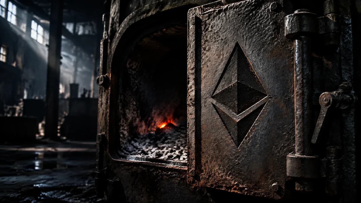 Cold industrial furnace in a decommissioned foundry, the heavy cast-iron door half open, grey ash inside and a single last ember, the Ethereum symbol engraved deep into the door