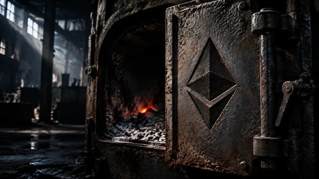 Erkalteter Industrieofen in einer stillgelegten Gießerei, die schwere gusseiserne Ofentür steht halb offen, darin graue Asche und eine einzige letzte Glutstelle, in die Tür ist das Ethereum-Zeichen tief eingraviert