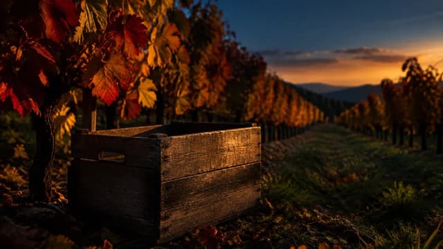 Weinberg im Spätherbst in der Dämmerung, im Vordergrund eine alte Holzkiste