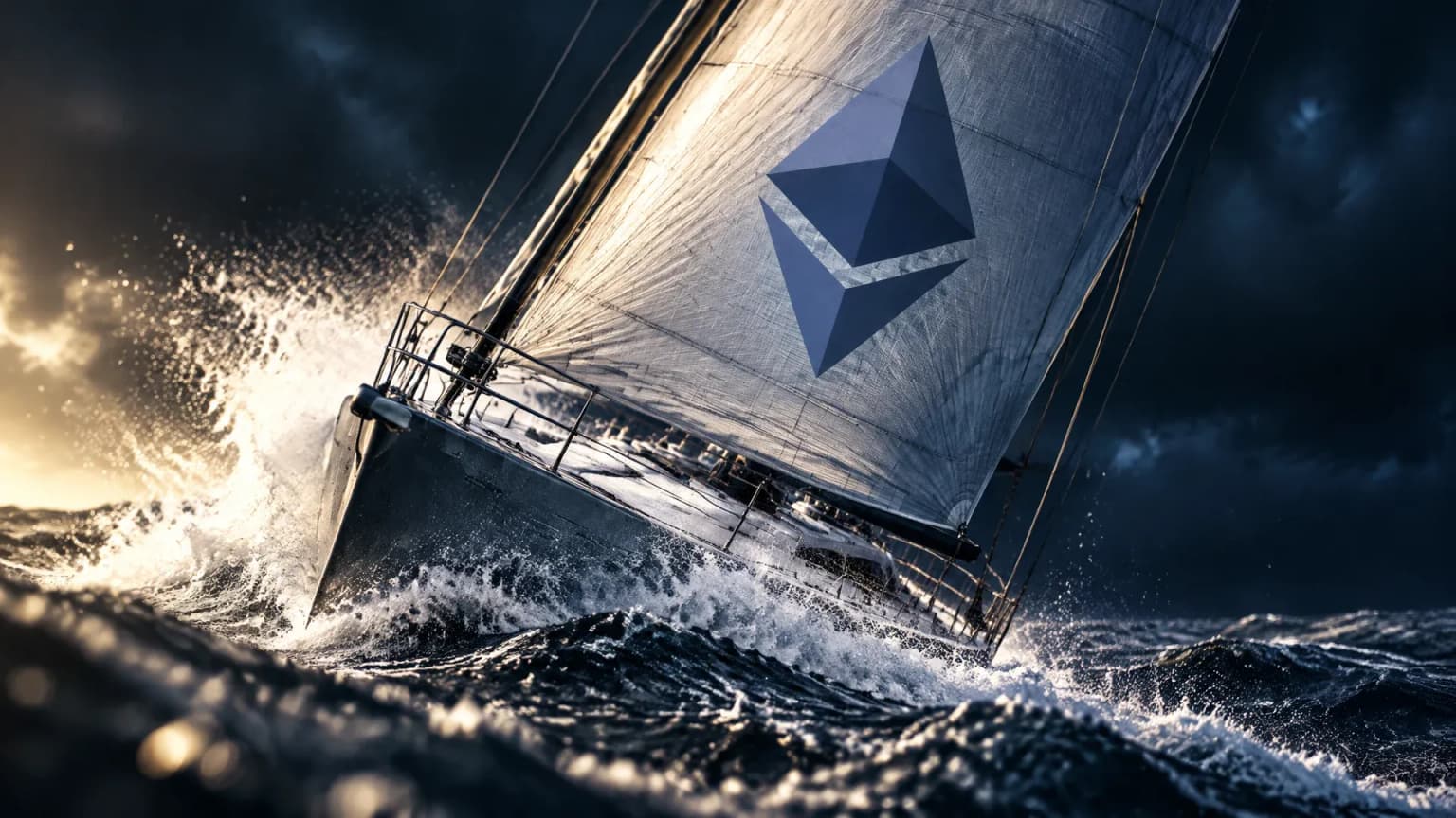 Segelyacht kraengt in schwerer Duenung weit auf die Seite, Gischt ueber dem Vordeck, am Grossegel das Ethereum-Zeichen