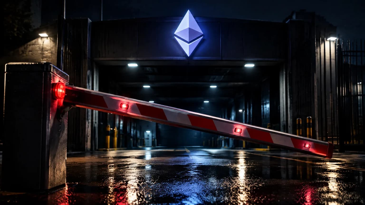 Sich senkende Stahlschranke vor der Einfahrt eines Abwicklungszentrums bei Nacht, darüber ein Leuchtzeichen mit dem Ethereum-Zeichen
