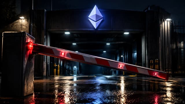 Sich senkende Stahlschranke vor der Einfahrt eines Abwicklungszentrums bei Nacht, darueber ein Leuchtzeichen mit dem Ethereum-Zeichen