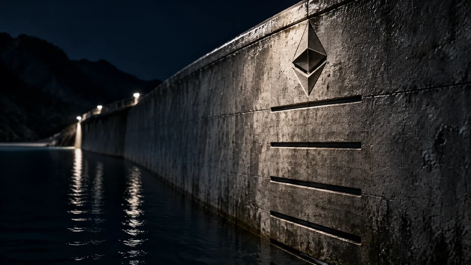 Concrete wall of a dam at night with flat flood markers, the water level standing below the topmost groove, the Ethereum symbol deeply engraved in the crest