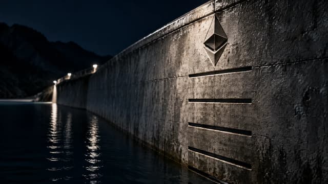Betonwand einer Talsperre bei Nacht mit flachen Hochwassermarken, der Wasserspiegel steht unter der obersten Rille, in der Mauerkrone das Ethereum-Zeichen als tiefe Gravur