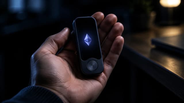 Markenlose Hardware-Wallet in einer geoeffneten Handflaeche, auf dem dunklen Display leuchtet das Ethereum-Zeichen
