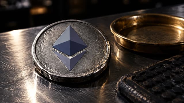 Schwere gegossene Metallmuenze mit dem Ethereum-Zeichen auf dem zerkratzten Edelstahltresen eines naechtlichen Wechselschalters, daneben ein leerer Messing-Muenzteller