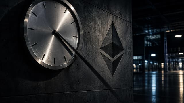 Grosse Bahnhofsuhr ohne Ziffern aus gebuerstetem Stahl an der Betonwand einer menschenleeren Abfertigungshalle bei Nacht, daneben das Ethereum-Zeichen als tiefe Gravur im Beton