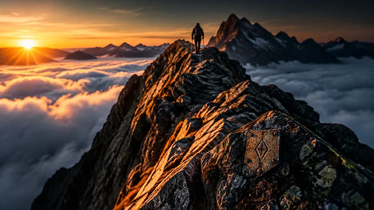 Cresta de montaña con la primera luz del sol sobre un mar de nubes, con la silueta de un alpinista en la cresta en el paso al siguiente tramo