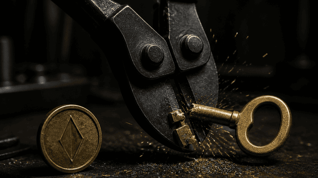 Ein Bolzenschneider durchtrennt einen massiven Messingschluessel auf einer Werkbank, daneben eine Metallmuenze mit rautenfoermigem Symbol