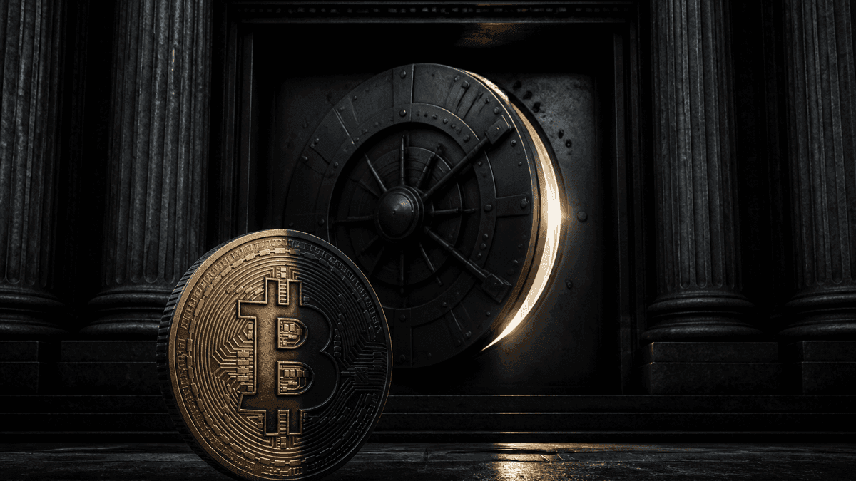 Klassizistisches Behoerdenportal mit Saeulen, dahinter ein sich schliessendes Stahl-Tresortor, davor eine grosse Metallmuenze mit Bitcoin-Zeichen