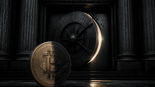 Klassizistisches Behoerdenportal mit Saeulen, dahinter ein sich schliessendes Stahl-Tresortor, davor eine grosse Metallmuenze mit Bitcoin-Zeichen