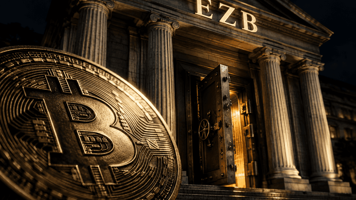 Nächtliches klassizistisches Notenbankgebäude mit Säulenportal und halb geöffnetem Bronze-Tresortor, davor groß eine goldene Münze mit eingeprägtem Bitcoin-Zeichen