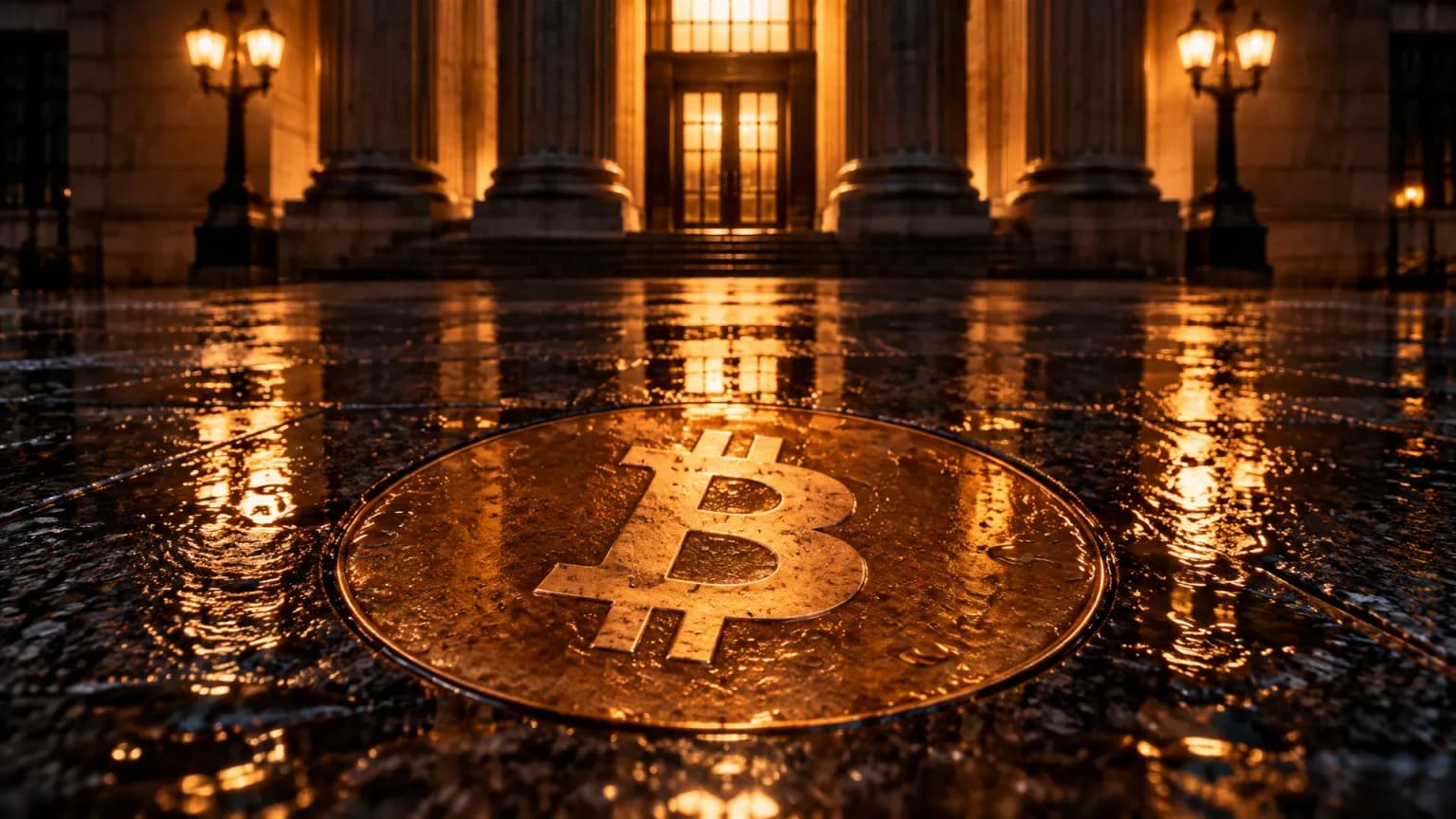Incrustation en bronze du symbole bitcoin dans un sol de granit mouillé devant le portique éclairé d'une banque centrale, de nuit