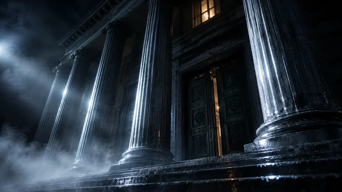 Monumentales Säulenportal eines klassizistischen Finanzministeriums bei Nacht, halb geschlossene Bronzetüren, Nebel über der Freitreppe